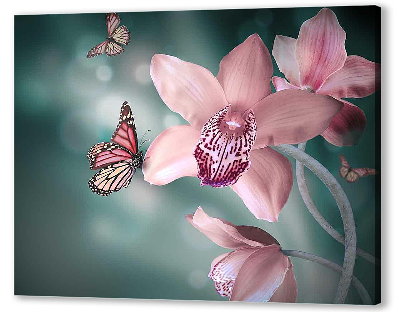 Постер (плакат) - Нежно-розовые цветы и бабочки 
