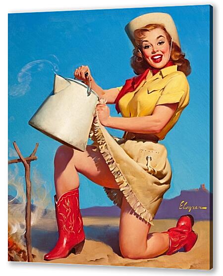 Постер (плакат) - Девушка в красных сапожках с чайником. Пин ап