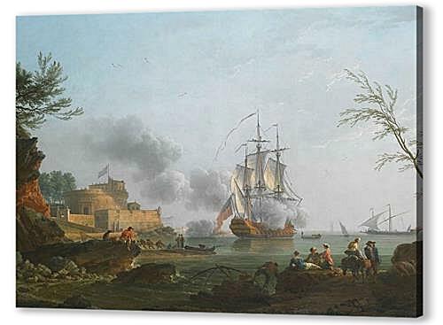 The entrance to a harbor with a ship firing a salute
