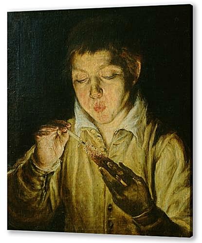 Картина маслом - A Boy Blowing on an Ember to Light a Candle	
