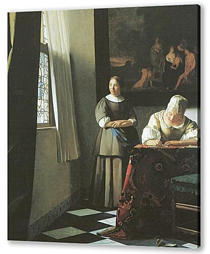 Lady writing a letter with her maid
