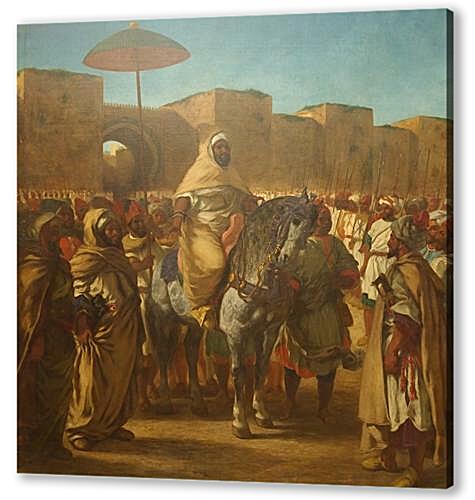 Maulay abd-er-Rahman, sultan du Maroc, sortant de son palais de Maknes, entoure de sa garde et de ses principaux officiers
