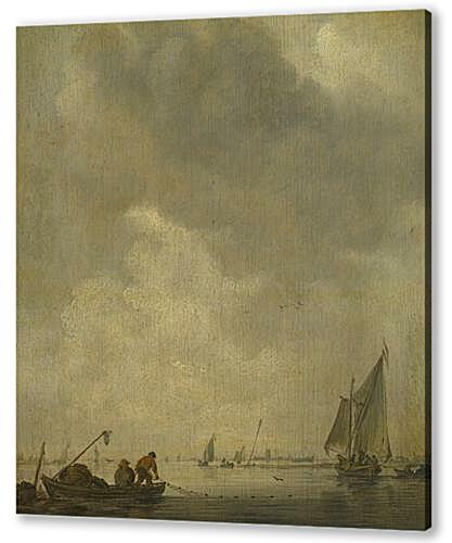 A River Scene, with Fishermen laying a Net

