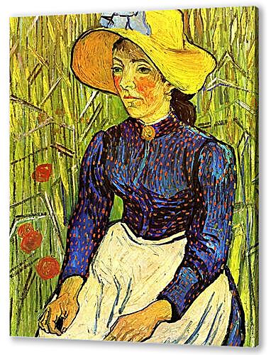 Young Peasant Woman with Straw Hat Sitting in the Wheat
