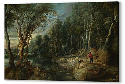 A Shepherd with his Flock in a Woody Landscape	
