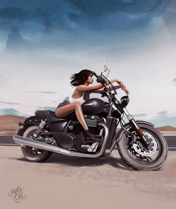 Постер (плакат) Девушка на мотоцикле арт