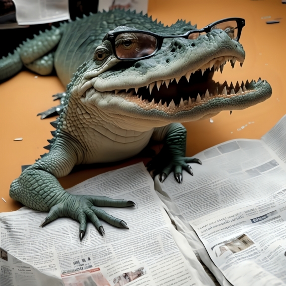 Постер (плакат) Крокодил в очках читает газету