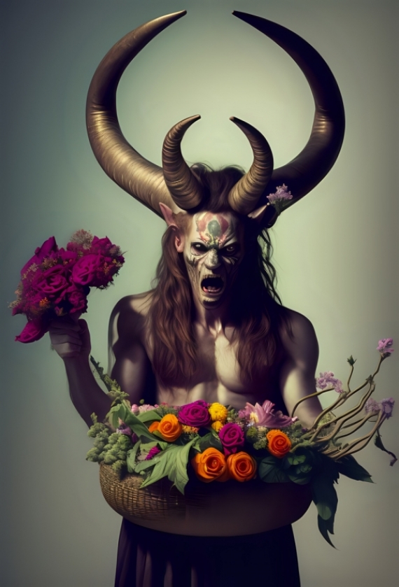 Постер (плакат) Демон держит корзину с цветами