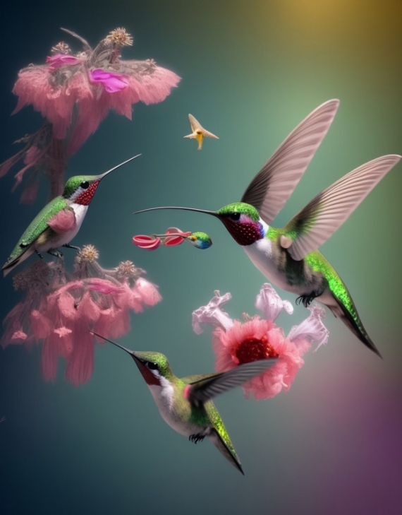 Постер (плакат) Колибри и цветы