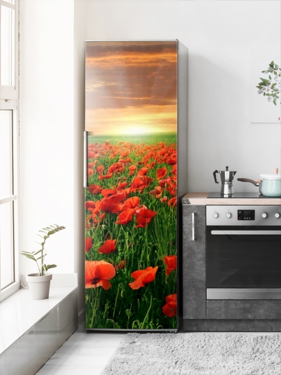 Магнитная панель на холодильник - Восход солнца над маковым полем