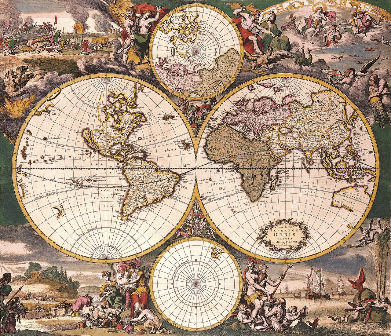 Постер (плакат) Старая карта мира с иллюстрациями
