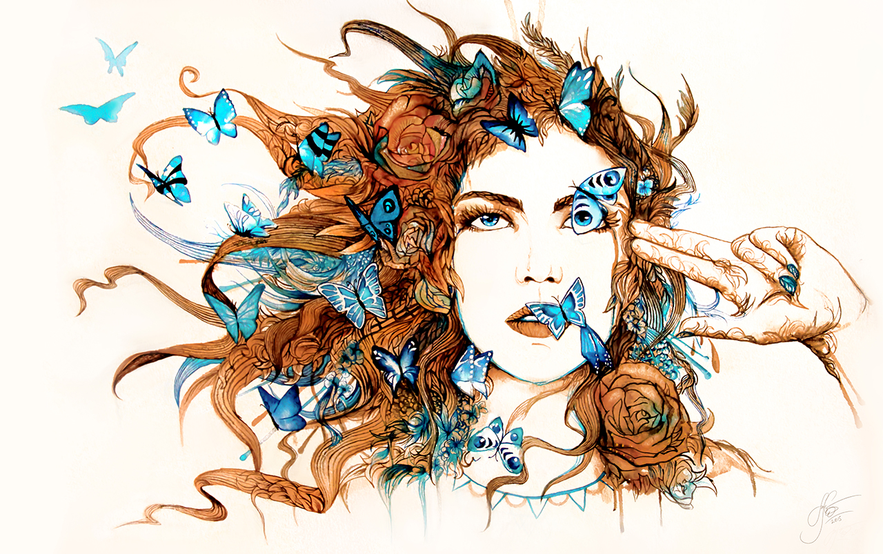 Постер (плакат) Девушка с бабочками - арт
