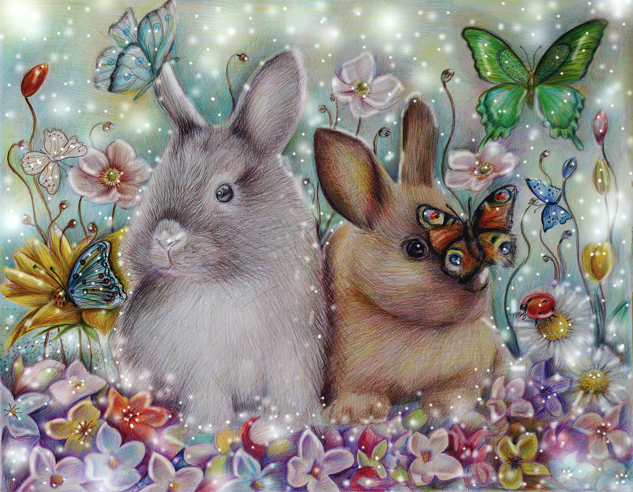 Постер (плакат) Зайчата и бабочки