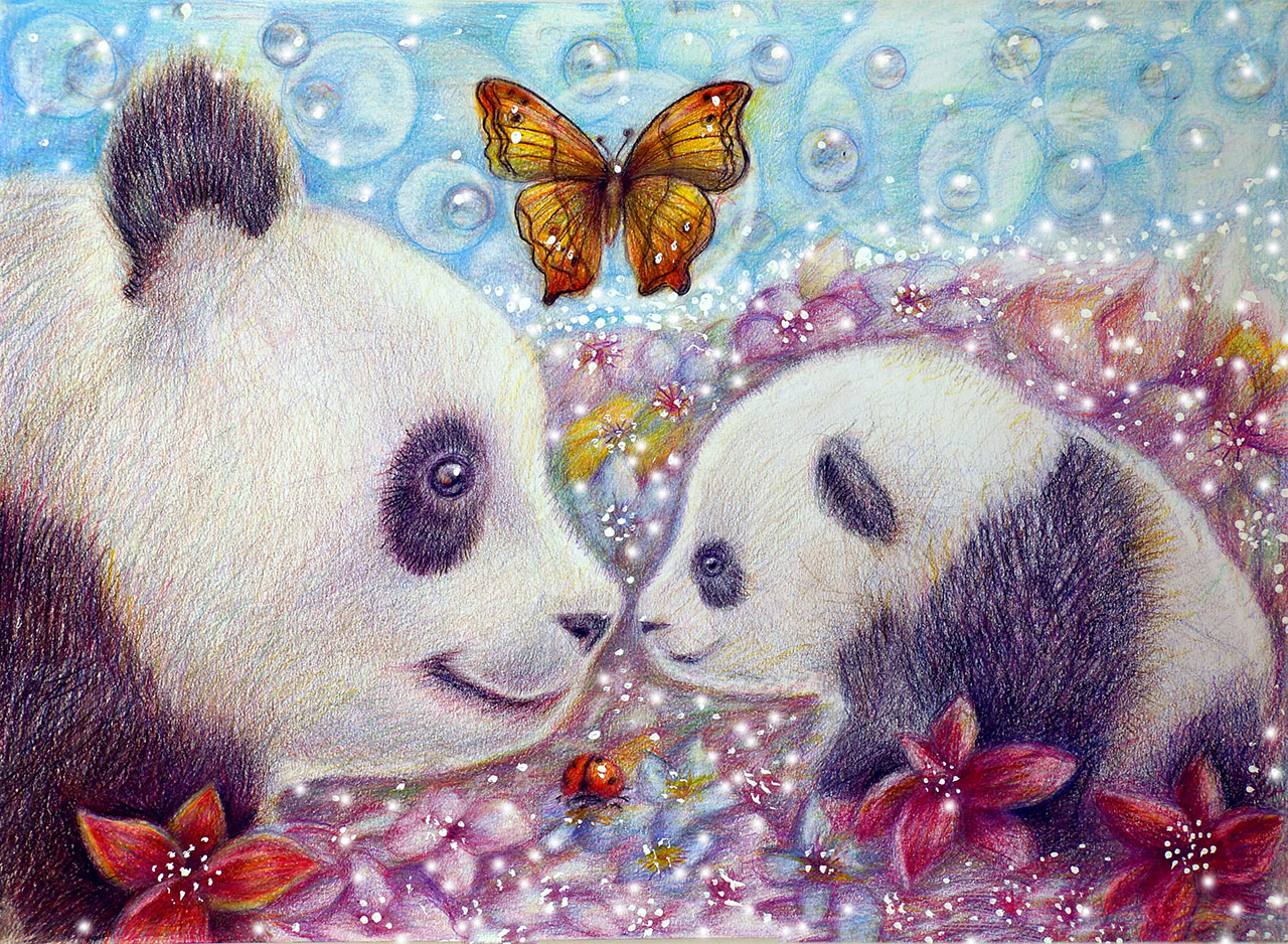 Постер (плакат) Панды и бабочка