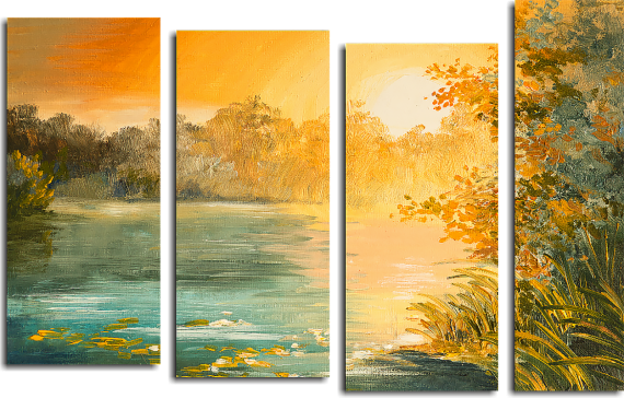 Модульная картина Закат над лесным озером