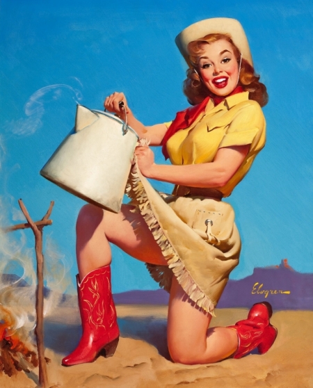 Постер (плакат) Девушка в красных сапожках с чайником. Пин ап