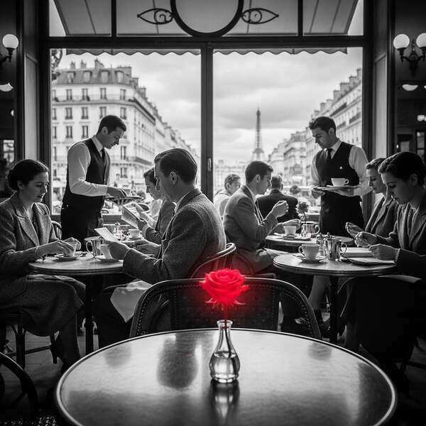 Постер Парижское кафе, чб постер с красными элементами
