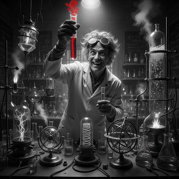 Постер В лаборатории, чб постер с красными элементами