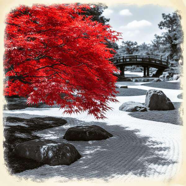 Постер Клен в пейзаже сада камней, чб постер