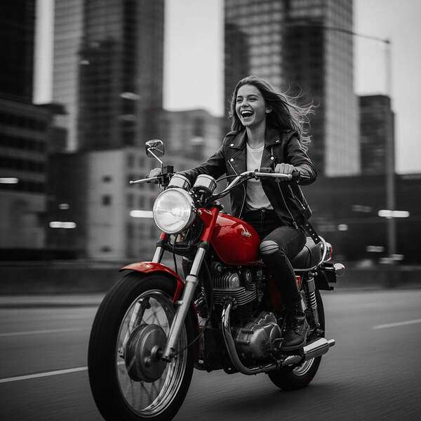 Постер Девушка на мотоцикле, чб постер с красными деталями