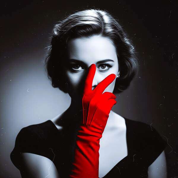 Постер Модель в красных перчатках, чб постер