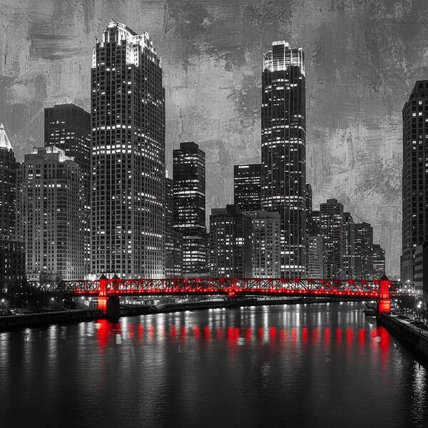 Постер Город, чб постер с красными элементами