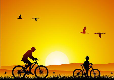 Постер (плакат) Папа с сыном на велосипедах
