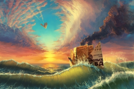 Постер (плакат) Бумажный кораблик в море