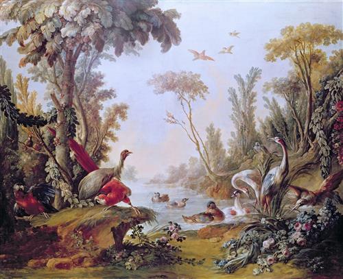 Постер (плакат) Lake with geese, storks, parrots and herons from the Salon of Gilles Demarteau
