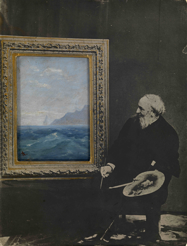Постер (плакат) Self-Portrait with a Seascape, signed with an initial. Photocollage with oil on card	
