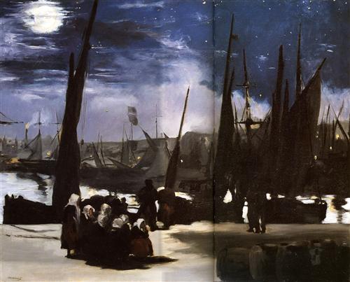 Постер (плакат) Clair de Lune sur le port de Boulogne,Moonlight on the wearing of Boulogne, Huile sur toile

