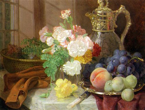 Постер (плакат) Carnations in a glass vase on a draped marble ledge
