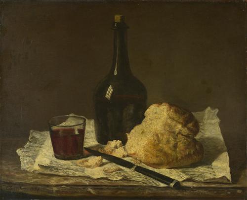Постер (плакат) Still Life with Bottle, Glass and Loaf
