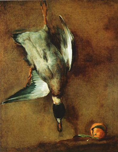 Постер (плакат) Un canard col-vert attache a la muraille et une bigarade

