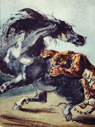 Постер (плакат) Tiger greift ein Pferd an
