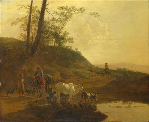 Постер (плакат) Men with an Ox and Cattle by a Pool
