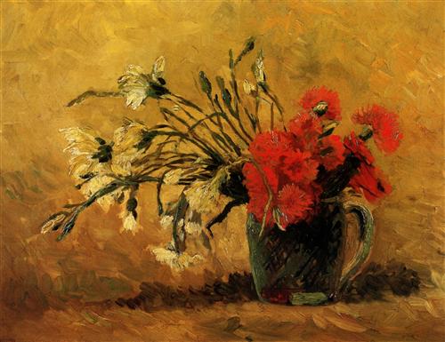 Постер (плакат) Vase with Red and White Carnations on Yellow Background
