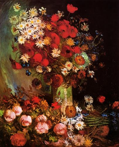 Постер (плакат) Vase with Poppies, Cornflowers, Peonies and Chrysanthemums
