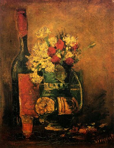 Постер (плакат) Vase with Carnations and Roses and a Bottle
