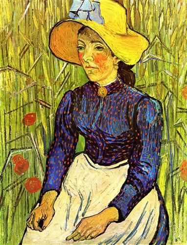 Постер (плакат) Young Peasant Woman with Straw Hat Sitting in the Wheat
