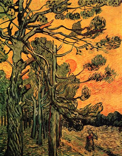 Постер (плакат) Pine Trees against a Red Sky with Setting Sun
