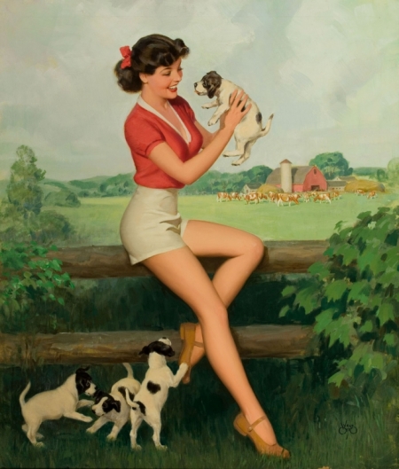 Постер (плакат) Девушка с щенками (стиль пин ап)