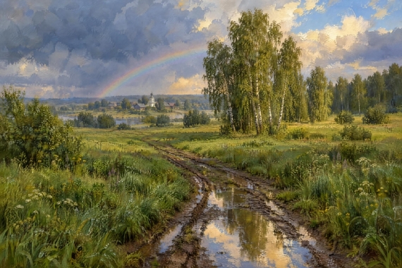Постер Радуга над лугом