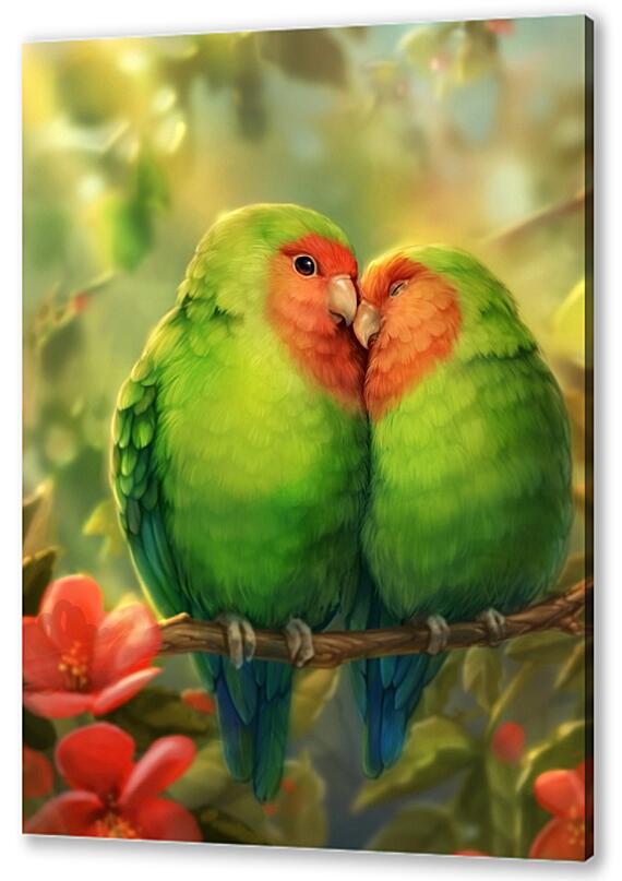 Картина маслом - Неразлучники милые попугайчики