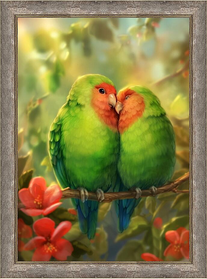 Картина - Неразлучники милые попугайчики