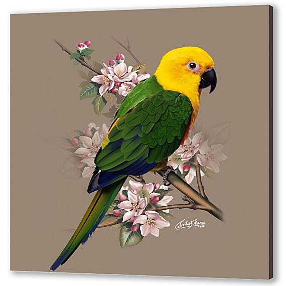 Картина маслом - Попугай с цветами