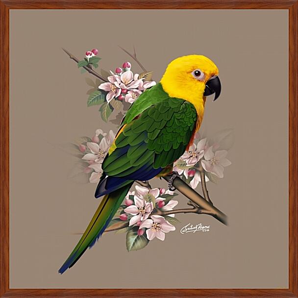 Картина - Попугай с цветами