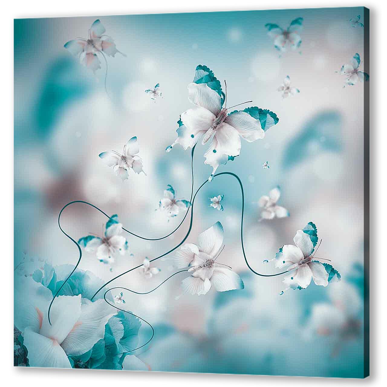 Картина маслом - Бело-бирюзовые бабочки 
