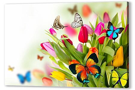 Картина маслом - Бабочки в тюльпанах
