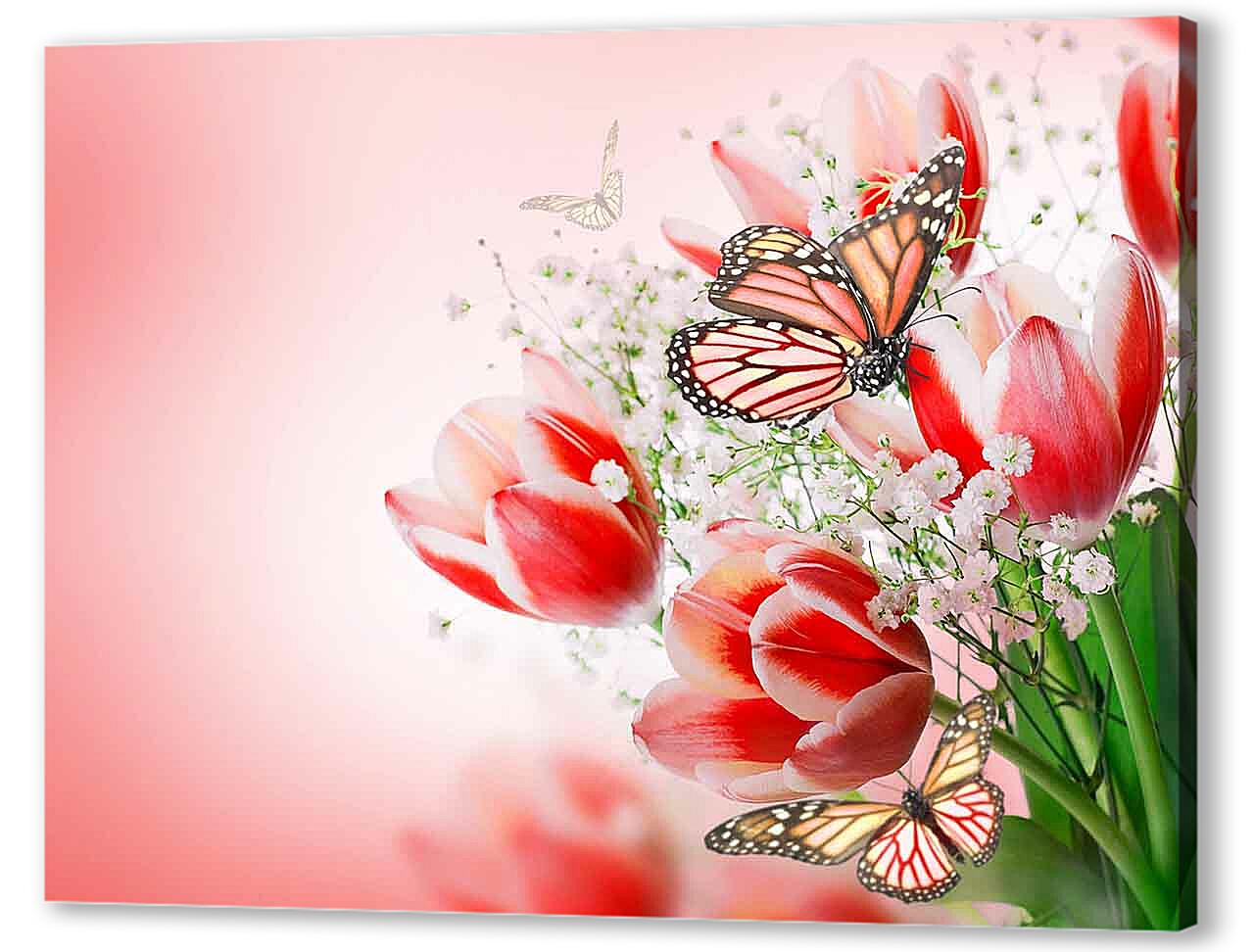 Картина маслом - Бабочки и тюльпаны 
